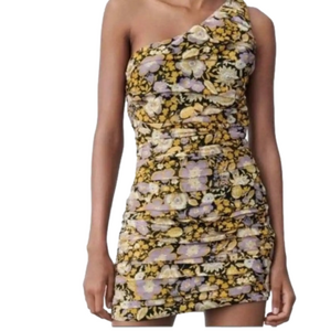 Zara Small Yellow Metallic Floral One Shoulder Dress Ruched Minidress NWT